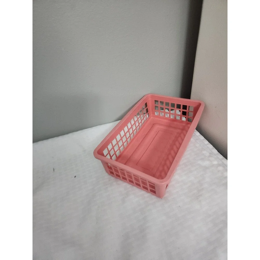 Pink Plastic Grid Storage Basket Rectangular Desktop Organizer Tray